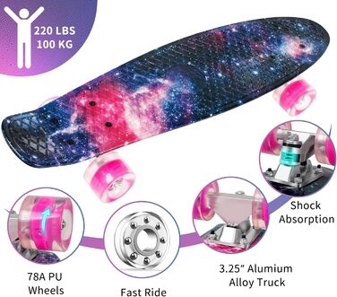 Скейтборд BELEEV 22 дюйми Galaxy Purple з LED колесами та T-інструментом для початківців (для дітей, підлітків, дорослих)