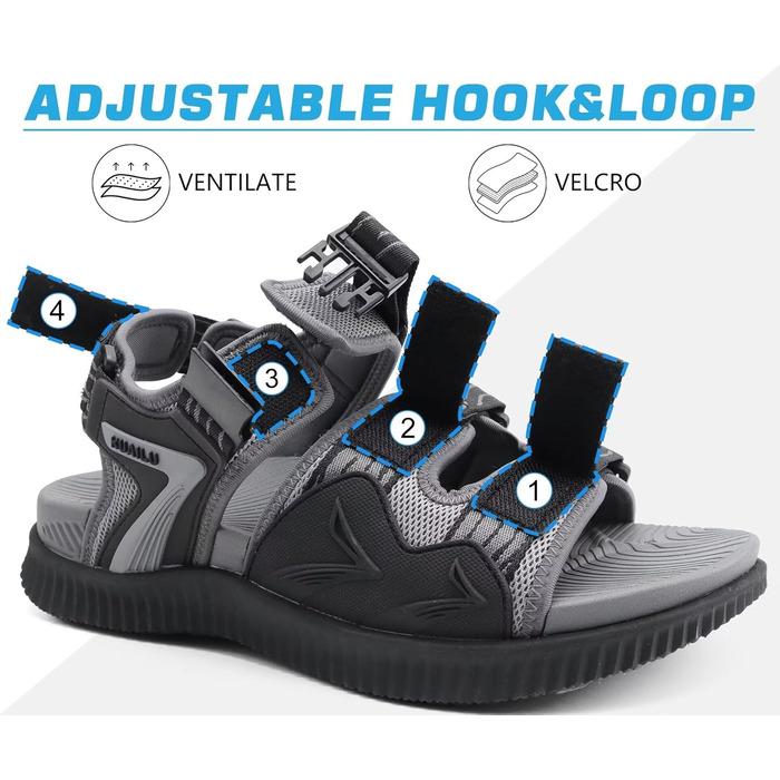 Чоловічі трекінгові сандалі KuaiLu: зручні, ортопедичні, для підтримки стопи при фасціїтісу, літні, легкі, відкриті, з регулюванням на липучці (44 EU, чорно-сірий)