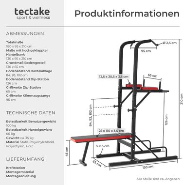 Багатофункціональна силова станція Tectake Home Gym: турнік, бруси, тренажер для біцепса та трицепса з фітнес-лавою