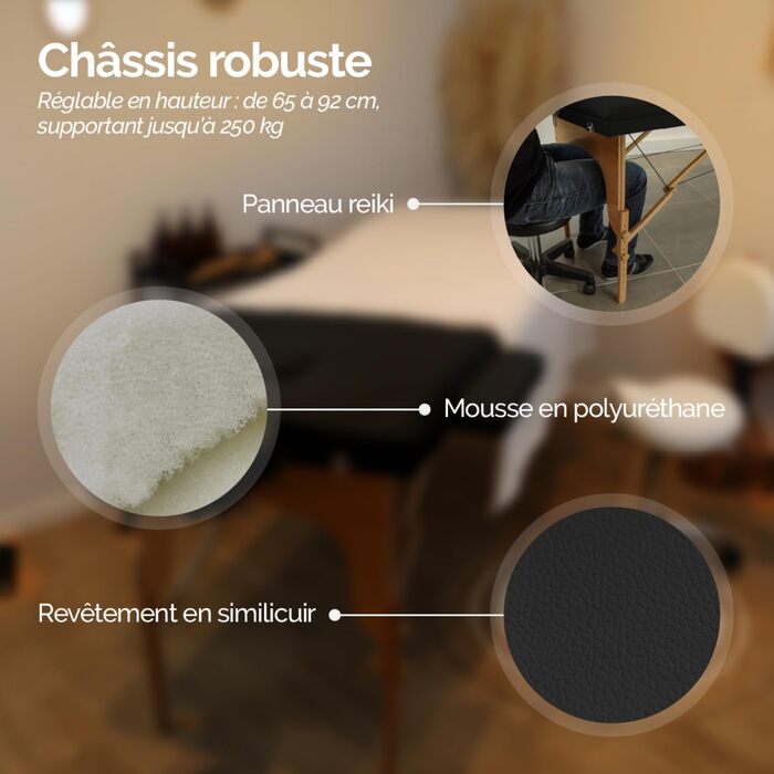 Складаний масажний стіл Vivezen 15 см з 3 зонами, дерев'яний з Reiki-панеллю, аксесуари та сумка - Чорний колір