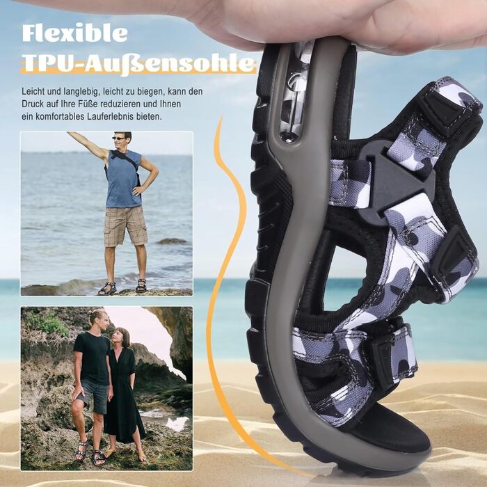 Чоловічі шкіряні сандалі Visionreast для пляжу, трекінгу та спорту. Закриті сандалі на липучках, чорні, 38 EU