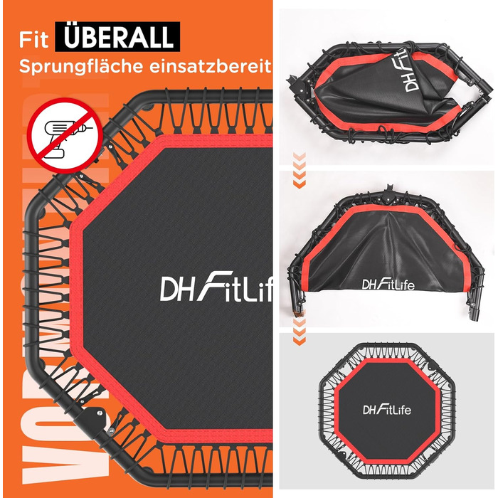 Трамплін для фітнесу DH FitLife, складаний, з тихою гумовою пружинною системою, без встановлення. Діаметр 115/128 см (45/50 дюймів), для занять в приміщенні та на вулиці, з 3 регульованими рівнями ручки.
