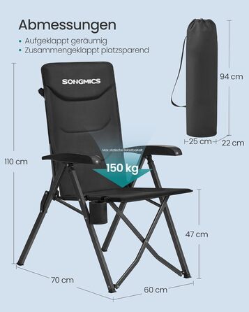 Складний туристичний стілець SONGMICS для відпочинку, риболовлі та кемпінгу, чорний, з регульованою спинкою 95°-150°