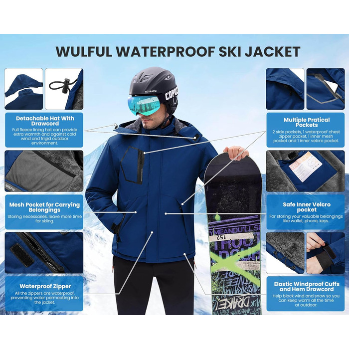 Водонепроникна зимова куртка WULFUL для чоловіків - тепла, вітрозахисна, синього кольору