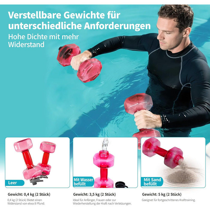 Водні ваги Fstcrt для плавання, покращені PE-гантелі, опір у воді, обладнання для аквааеробіки з неслизькою ручкою для акватерапії, фітнесу в басейні, водних вправ (рожевий)