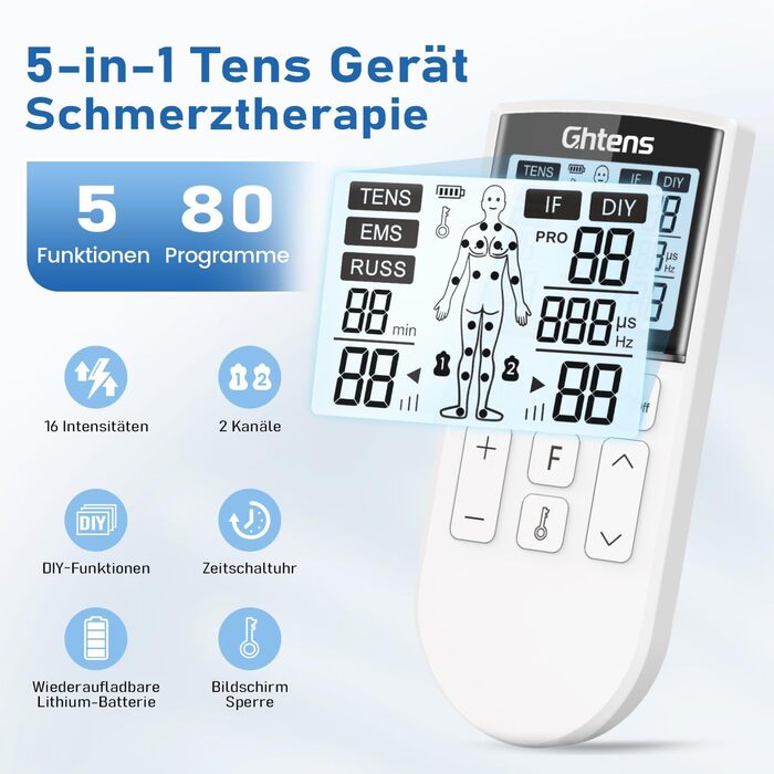 TENS пристрій для терапії болю, 5-в-1: TENS/EMS/IF/RUSS/DIY, для зняття болю, 80 програм масажу, 2 канали, 8 електродів, білий
