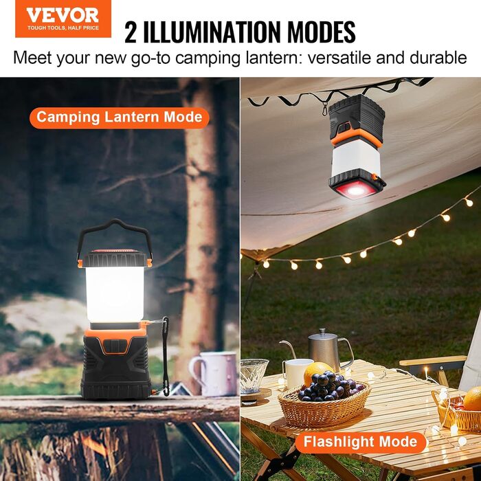 LED кемпінговий ліхтар VEVOR 1000 лм, 360° освітлення, 4 режими, USB-зарядка, для кемпінгу, риболовлі, відключень електроенергії, авторемонту