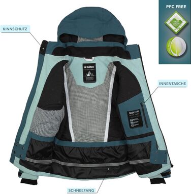 Комплект жіночого гірськолижного костюма Killtec - куртка та штани, водонепроникний та дихаючий, 10000 мм водяний вищий показник, без PFC, куртка зі снігозахисним манжетом, штани з кантозахистом, 2-х частинний, petrol / світло-петроль