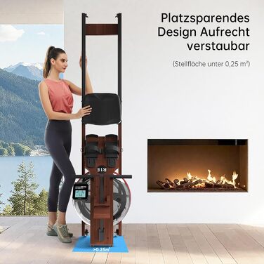 Гребний тренажер R1E з дуба, 28L резервуар для води, 12-лопатеве весло, Bluetooth & LCD-дисплей, сумісний з Kinomap APP, підставка для планшета, тихий та компактний велотренажер до 150 кг