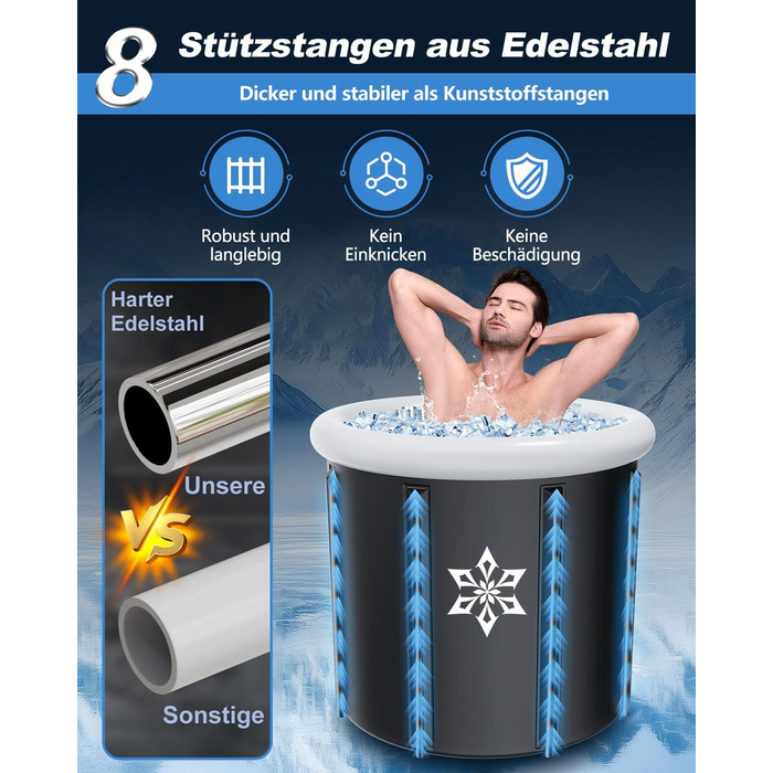 Кріованна для льодяних купань з системою охолодження XL (80 см), комплект з 8 сталевими стійками, термозахистом та сумкою для спорту