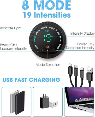 Електричний тренажер для пресу EMS, пристрій для стимуляції м'язів, USB-зарядка, 8 режимів тренування та 19 рівнів інтенсивності для пресу, рук, стегон та ніг, для жінок та чоловіків (блакитний)