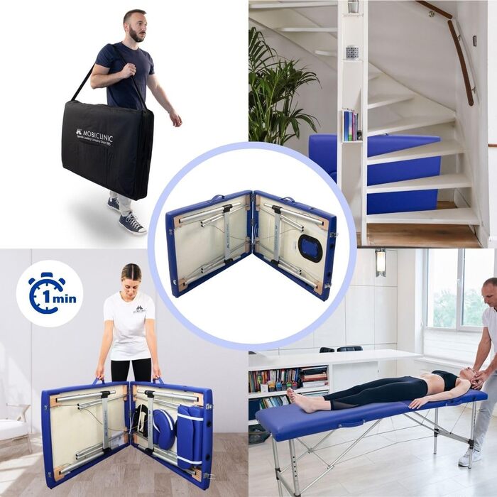Складаний масажний стіл Mobiclinic® CA-01 Light: алюміній, штучна шкіра, регулювання висоти, 186x60 см, для фізіотерапії, 150 кг, з сумкою (блакитний)