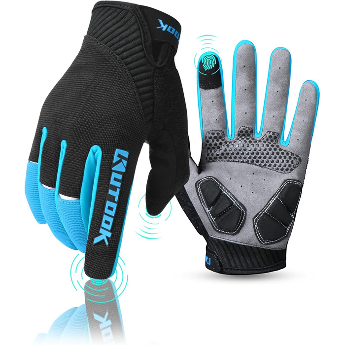 Велосипедні рукавички KUTOOK: антиковзаючі, амортизуючі, з гелевою підкладкою, сенсорні, для MTB, шосе, трейл, гірський велосипед, похід, блакитні, розмір L