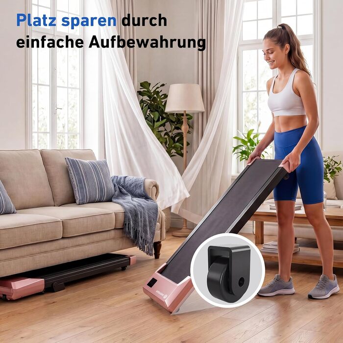 Бігова доріжка DeerRun Walking Pad з нахилом 6% для дому та офісу, компактне підстільне Laufband з LED-дисплеєм, пультам та підтримкою додатка, до 136 кг, світло-рожева