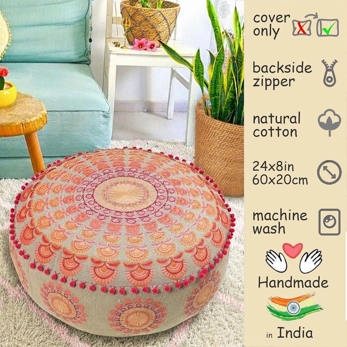 Пуф Mandala Life ART круглий рожевий 60x20 см, чохол з бавовни, бохо стиль, великий, для дому та домашніх тварин