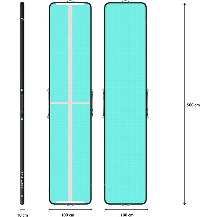 Гимнастичний надувний мат Airtrack CASSILANDO для тамблінгу та йоги, 500x100x10 см, м'ятно-чорний (з помпою)
