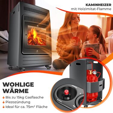 Газовий обігрівач KESSER®: газовий камін-піч, інфрачервоний нагрівач 3,4 кВт, 2 режими, з газовим редуктором та шлангом, для бутану/пропану до 11 кг, антрацит