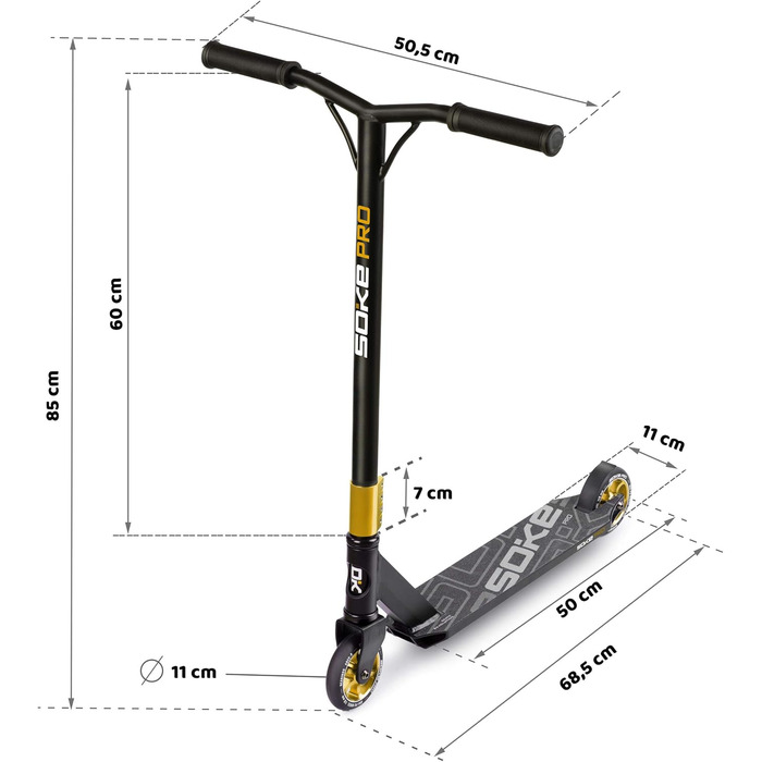 SOKE Stunt Scooter PRO: трюковий самокат для дорослих та дітей, ABEC 9 підшипники, чорно-золотий, вантажопідйомність 100 кг