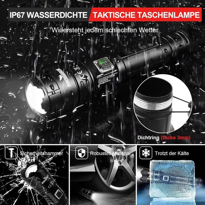 Ліхтарик LED Shadowhawk: надпотужний, 1000000 люмен, USB-зарядка, XHP70.2, тактичний, IP67, 5 режимів, Zoom, для кемпінгу, походів, надзвичайних ситуацій, чорний