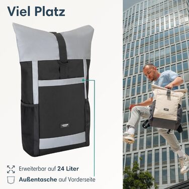 Жіночий рюкзак LARKSON Rolltop No 2, великий, чорний, з відбивачем, для школи, університету, велосипеда, відділення для ноутбука 16'', водостійкий, антикрадіжний, екологічний