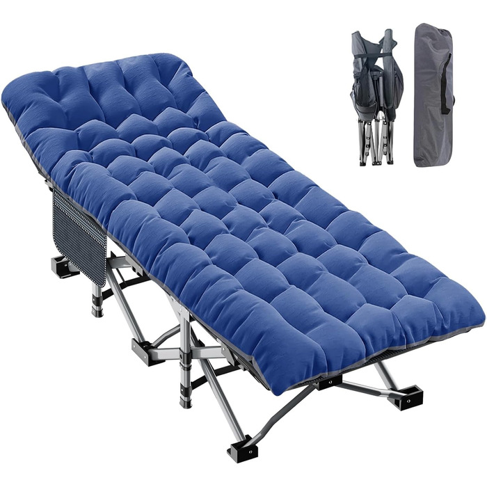 Розкладне ліжко-крісло для кемпінгу з матрацом, блакитне. Максимальне навантаження, бічна кишеня, для відпочинку на природі та вдома