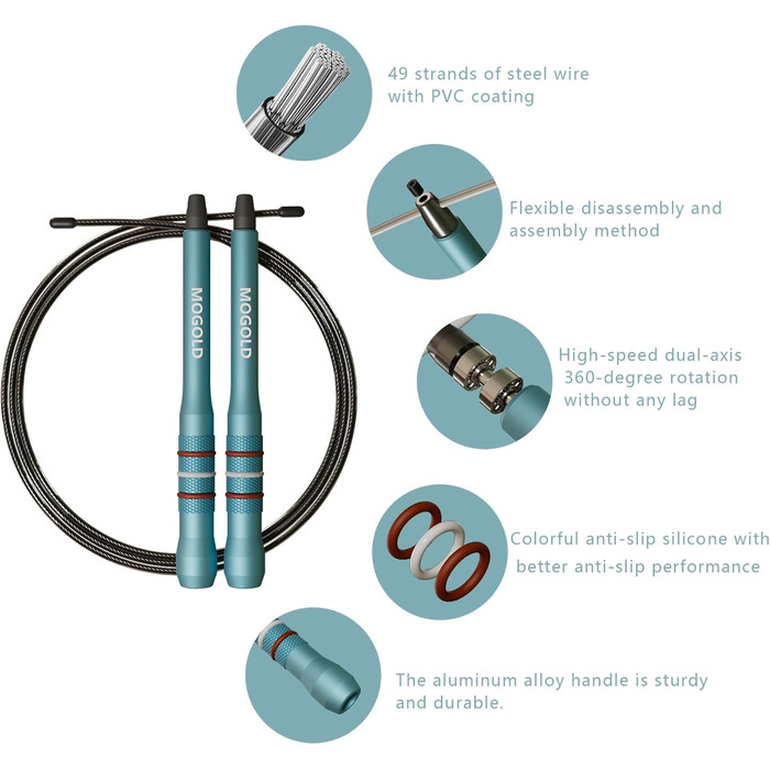 Скакалка Springseil для дорослих, фітнес, швидкість, алюмінієві ручки блакитні, 300 см, PVC-сталевий трос, 360° обертання, антиковзний, для CrossFit