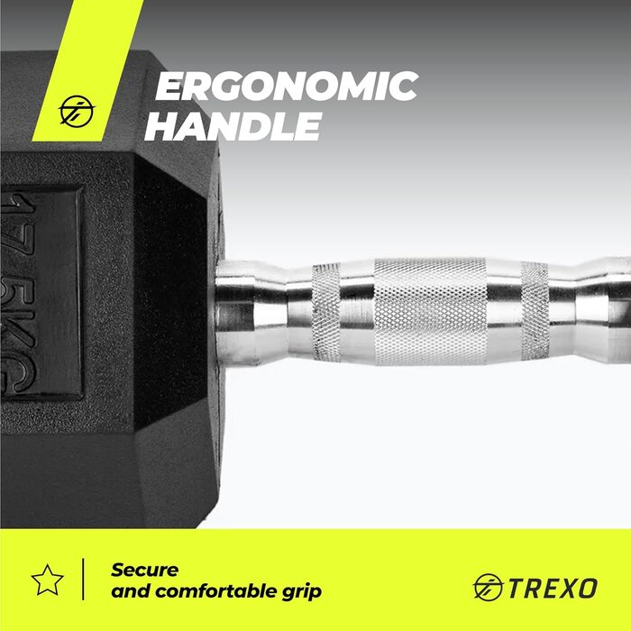 Гантеля TREXO Hex 17,5 кг, гексагональна, гумована, чавунна, для силових тренувань вдома, ергономічна ручка, міцна, універсальна