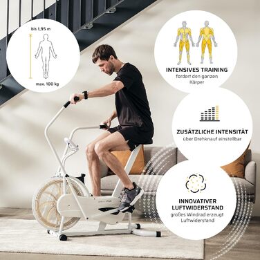 Фітнес-велотренажер SportPlus Air Bike з повітряним опором, сумісний з додатком, для HIIT, домашній кардіотренажер, LED-дисплей, до 100 кг, Snow/Sun (нова модель)