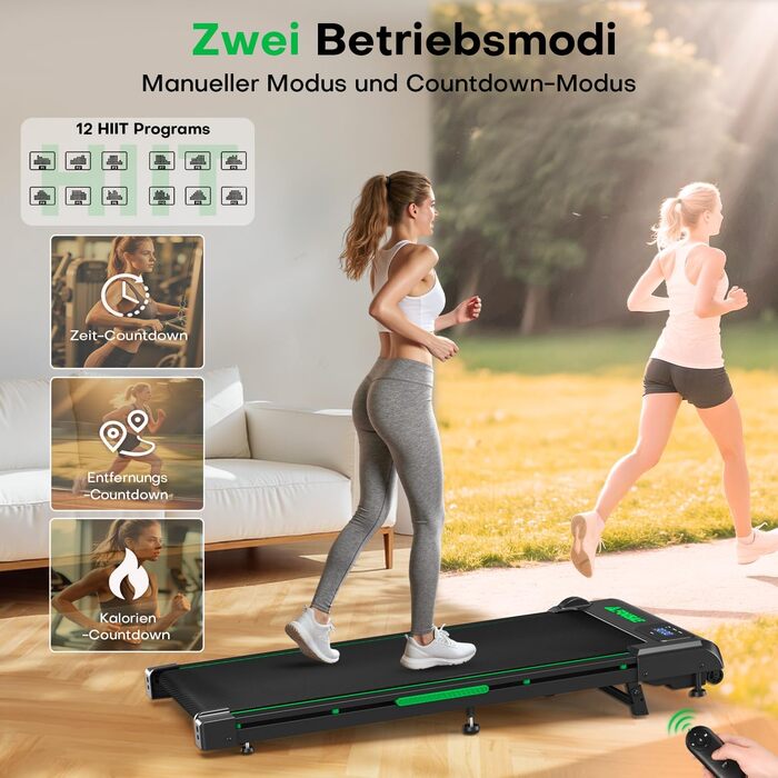 Walking Pad FOUSAE: Біговий доріжка для дому та офісу з регулюванням нахилу до 9%, LED-дисплеєм та дистанційним керуванням. Макс. вантаж: 150 кг, чорно-зелений колір.