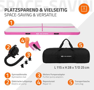 Килимок гімнастичний надувний ECD Germany Airtrack 3м/4м/5м, Рожевий/М'ятно-зелений, з електронасосом та сумкою для тренувань, фітнесу, йоги