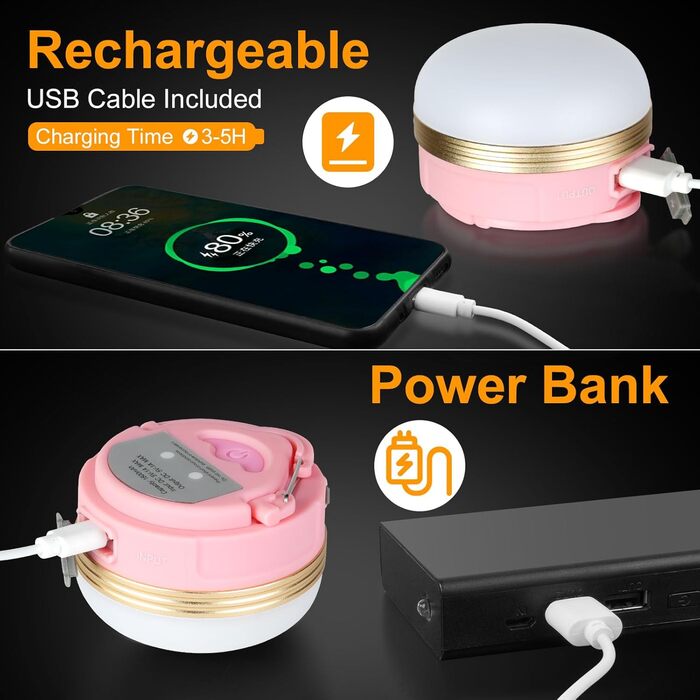 2 шт. LED кемпінгові ліхтарі Flintronic: 5 режимів, SOS, водонепроникні, портативні, для намету, туризму, риболовлі та надзвичайних ситуацій (оранжевий, рожевий, міні)