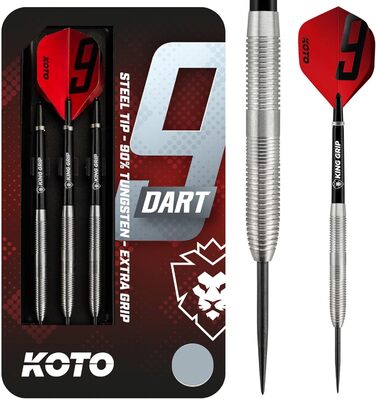 Дротики KOTO 9-Darts 90% 23 г, срібло, набір для професіоналів з 3 барелями, KOTO Flights і шафтами, жорсткий рифлений грип, кейс для дротиків