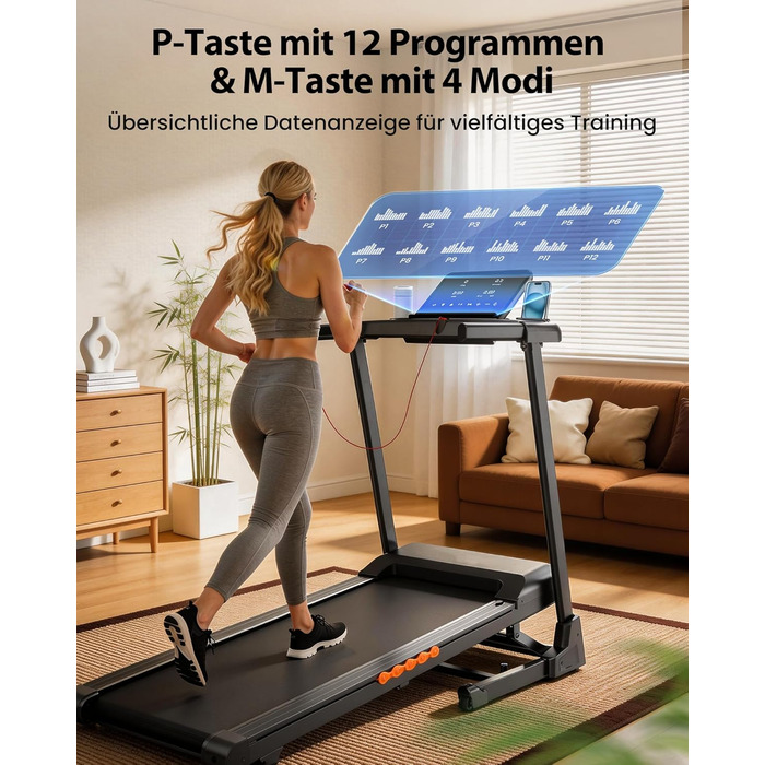 Складана бігова доріжка для дому та офісу з автоматичним нахилом 15%, двигун 3.0 к.с. (до 14 км/год), LED-дисплеєм та 12 програмами, макс. навантаження 136 кг, чорна