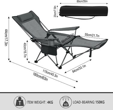 Складний стілець для кемпінгу eSituro: рибальський, пляжний з підставкою для ніг та тримачем для напоїв, сірий