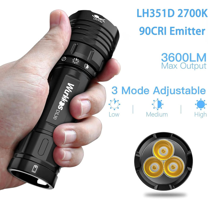 Ліхтар під водою Wurkkos DL30, 3600 Люмен, IPX8, 3* LED CRI 90 LH351D, з зарядним пристроєм