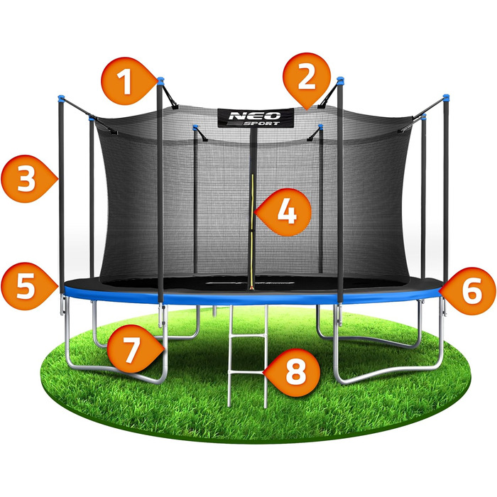 Трамплін Neo-Sport для дітей на відкритий простір з захисним сіткою та сходами. Діаметр 374 см (12 футів). Погодні умови, стійкий до іржі, безпечний та надійний.