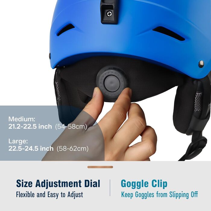 Шолом для сноуборду та гірських лиж для чоловіків, жінок та дітей, регульований розмір, 3-рівнева вентиляція, міцна PC-оболонка з EPS-піною, білий (синій, L: 58-62 см)