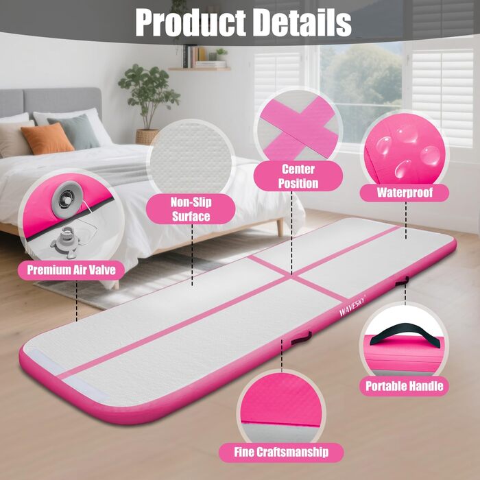 Гімнастичний надувний мат для тренувань, 3/4/5 метрів, 10 см заввишки, рожева (300x100x10 см)