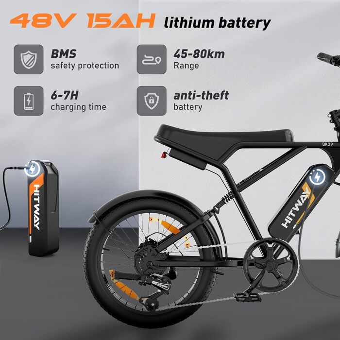 Електровелосипед HITWAY 20 дюймів, 4.0 широкі шини, акумулятор 48В 15Аг/2×13Аг, гірський e-MTB, 25 км/год, 7 передач, для дорослих, запас ходу 45-150 км