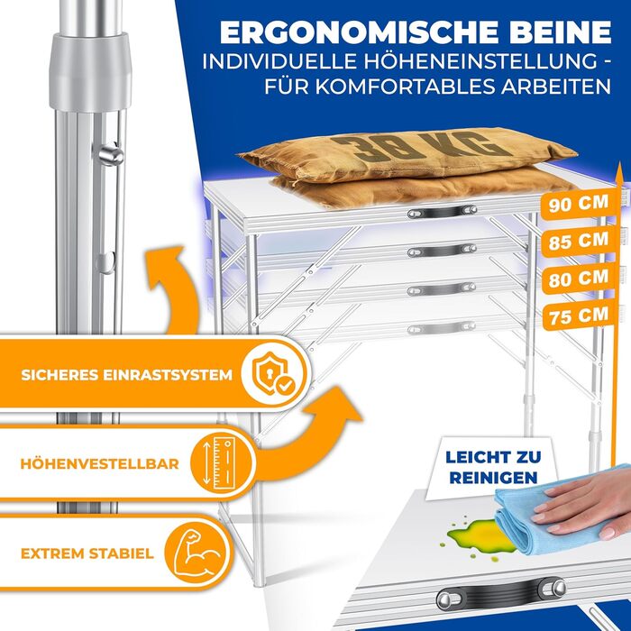 KESSER® Багатофункціональний стіл Profi 3-частини 100x60 см, білий - розкладний стіл для дому, ярмарку, кемпінгу, з навантаженням до 90 кг