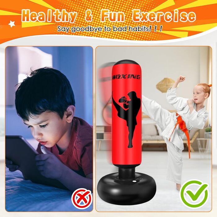 Груша боксерська дитяча Ninonly 160 см з рукавичками та насосом для дому, вулиці, спортзалу (Червона)