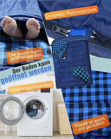 Спальний мішок для двох осіб з флянелі, 220 x 160 см, з двома блискавками, 2 подушки та сумка для перенесення, для дорослих, блакитний