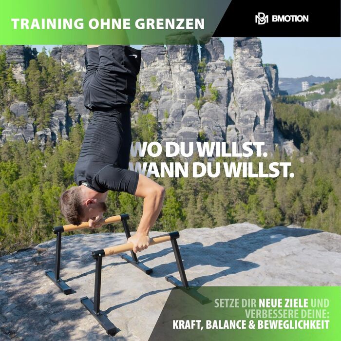 Паралелетки Müller & Blum з підкладками для зап'ястя, преміум обладнання для гімнастики та калістеніки, неслизькі ручки для віджимань, турнік для вправ з власною вагою, чорний