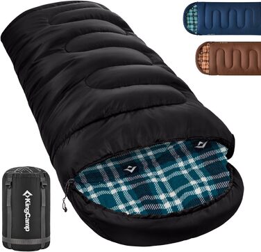 Спальний мішок KingCamp Flannel для дорослих, 3-4 сезони, ультралегкий, бавовна, теплий, ковдровий, водонепроникний, для кемпінгу (чорний)