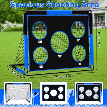 Дитячі ворота для футболу 2-в-1, 150 x 120 см, переносні та стабільні, з 5 цілями, 4 земляні кілочки та сумка, для саду, парку, пляжу (блакитні)