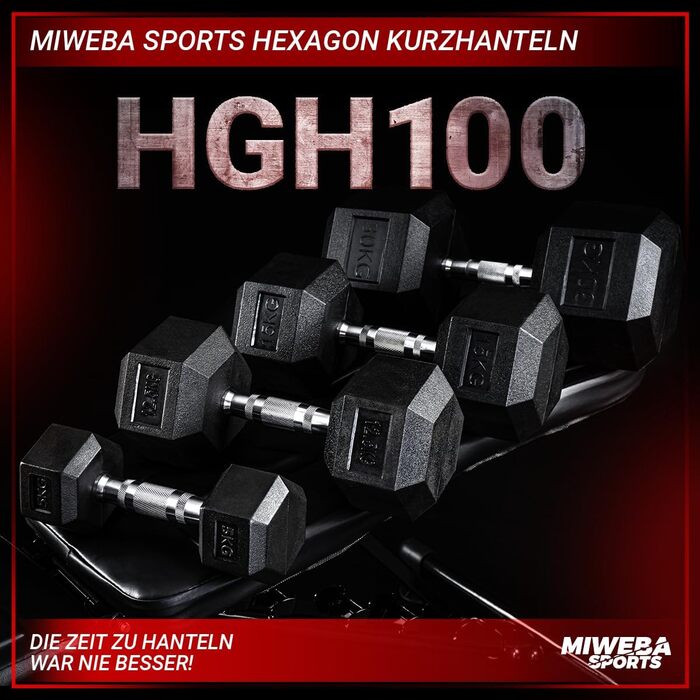 Гантелі шестигранні Miweba Sports HGH100, 2,5-30 кг, пара, гантельний набір, гантелі з литого чавуну, ергономічна ручка, вага 5 кг, професійні короткі гантелі
