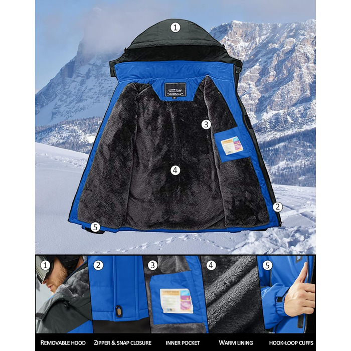 Зимова куртка KEFITEVD для чоловіків: водонепроникна, тепла, знімний капюшон, флісова підкладка (XXL, Королівський синій)