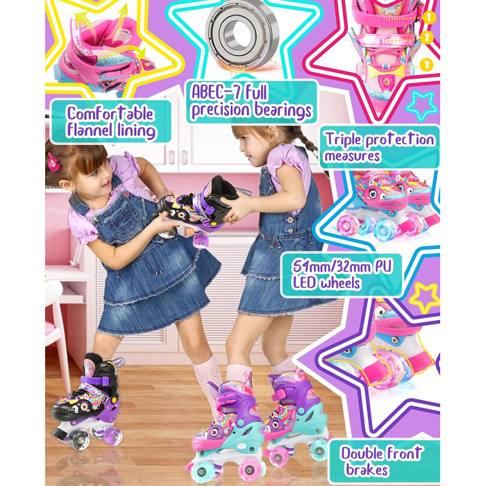 Дитячі ролики Єдиноріг для дівчаток та хлопчиків, регульовані розміри, світлові колеса, ролики-човники для початківців, фіолетовий колір