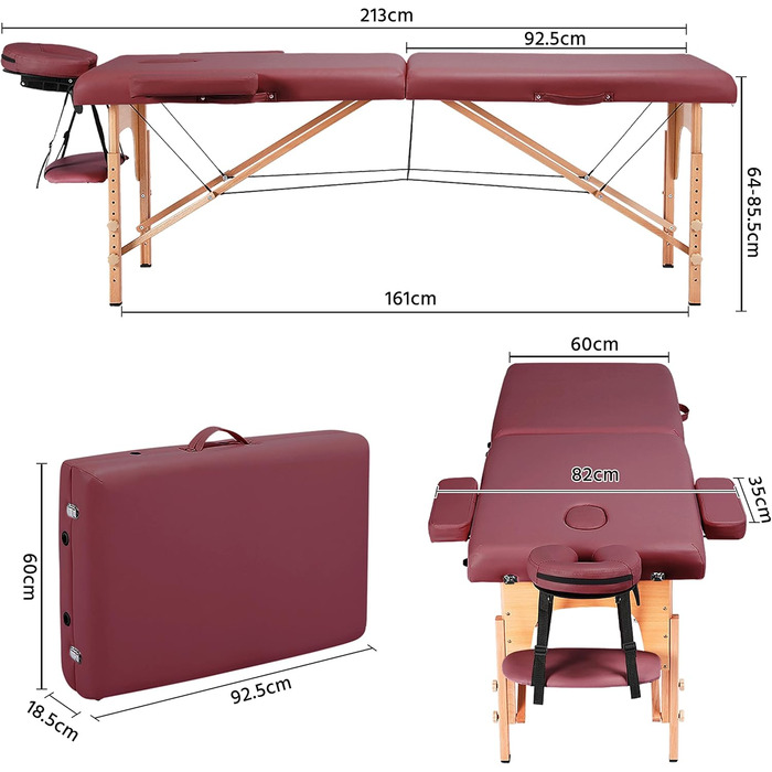 Масажний стіл Yaheetech з 2 зонами, регульована висота, дерев'яні ніжки, включає підголовник та підлокітники, 213 × 82 x 85,5 см, до 250 кг