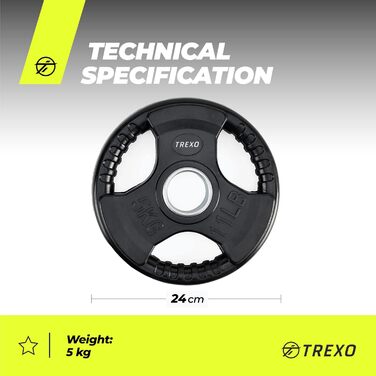 Диск для штанги TREXO з ручками, чавунний, 5 кг, покритий, для фітнесу, кросфіту, силових тренувань